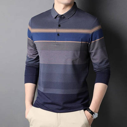 Mens Polo Shirt Stripped Long Sleeve