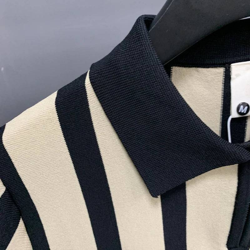 Men's Light Knit Striped Zipper Polo Shirt Short Sleeve Retro Knitwear M-3XL