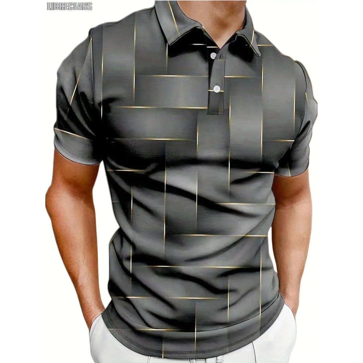 Men's Gray Plaid Printed Polo Shirt Short Sleeve