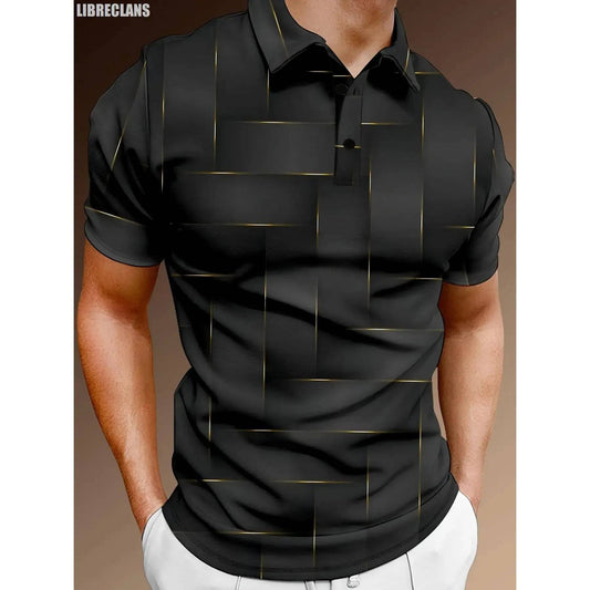 Men's Gray Plaid Printed Polo Shirt Short Sleeve