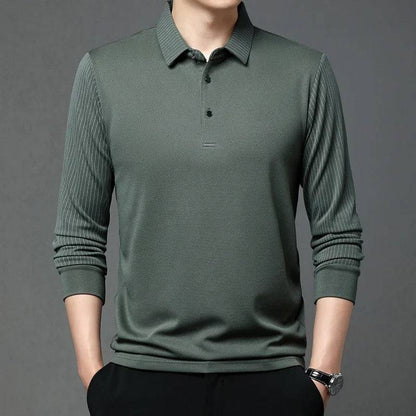 Men's casual solid color long sleeved Polo shirt solid color lapel top