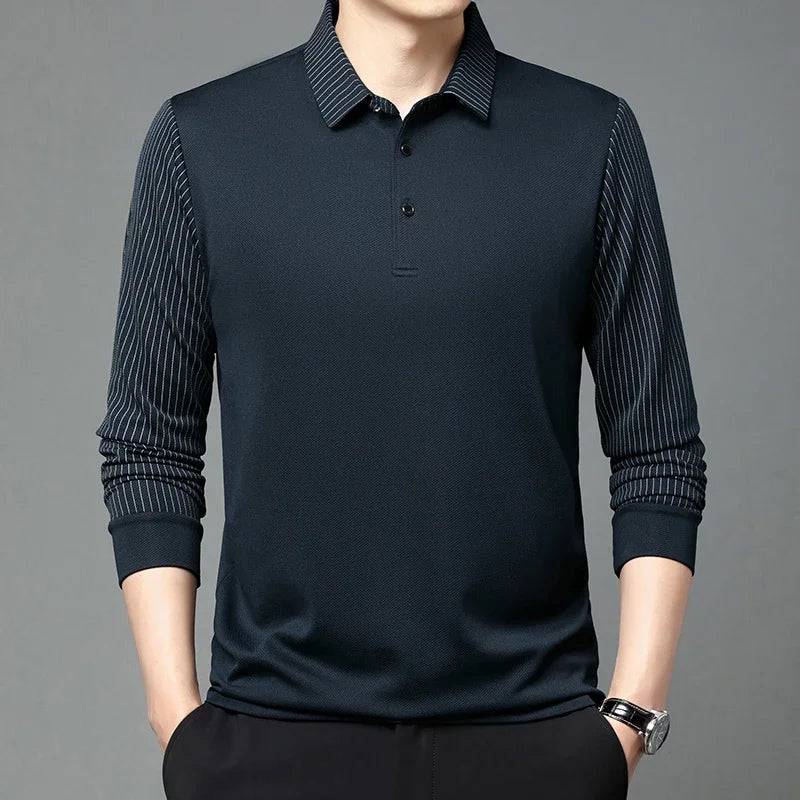 Men's casual solid color long sleeved Polo shirt solid color lapel top