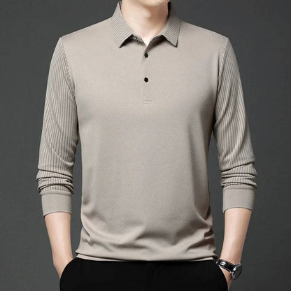 Men's casual solid color long sleeved Polo shirt solid color lapel top