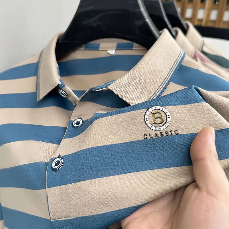 Men's Letter Printed Short Sleeved Striped Polo Shirt Business