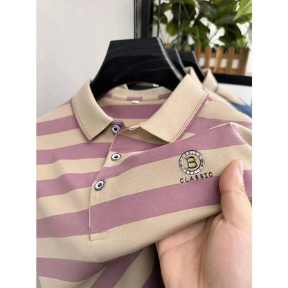 Men's Letter Printed Short Sleeved Striped Polo Shirt Business