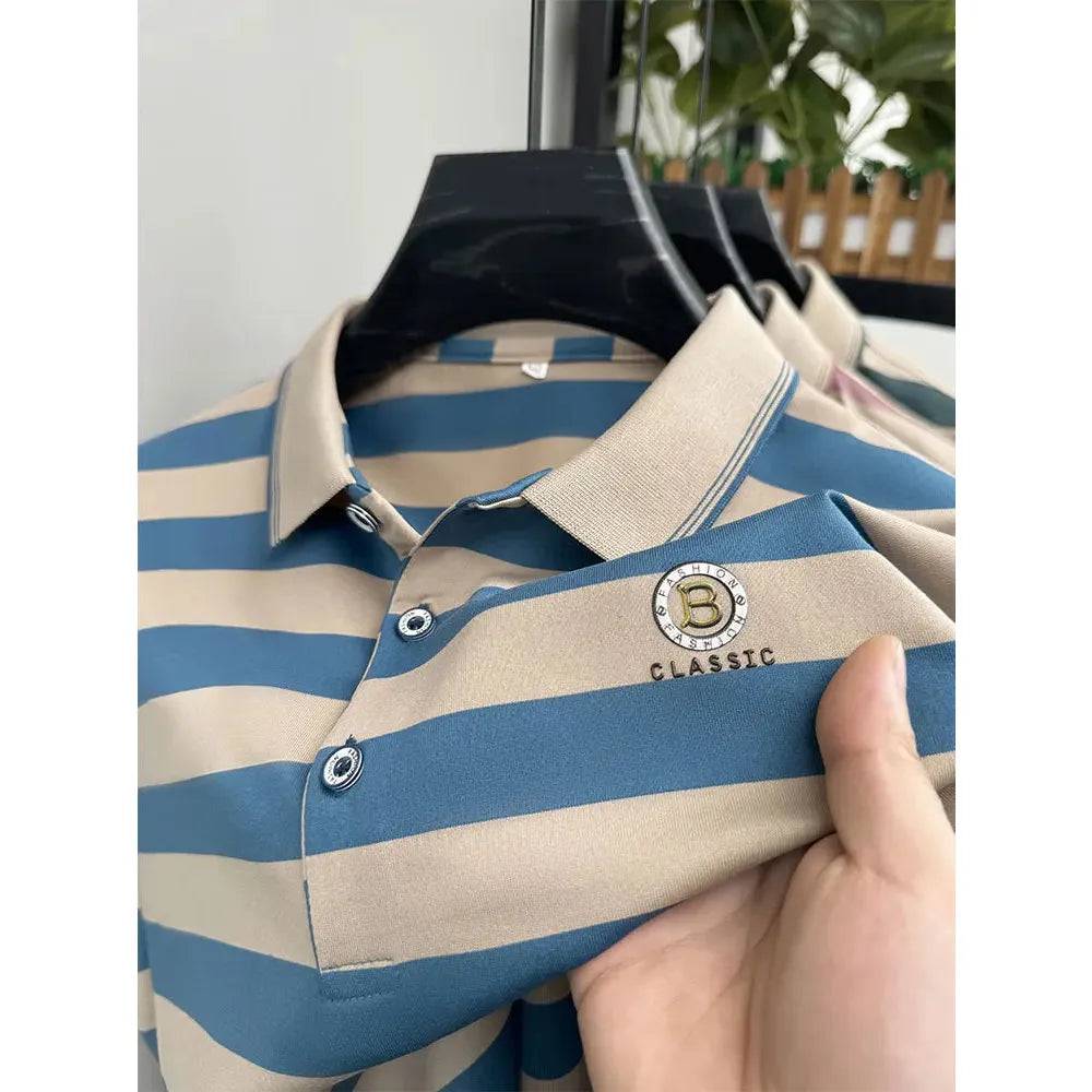 Men's Letter Printed Short Sleeved Striped Polo Shirt Business