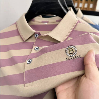 Men's Letter Printed Short Sleeved Striped Polo Shirt Business