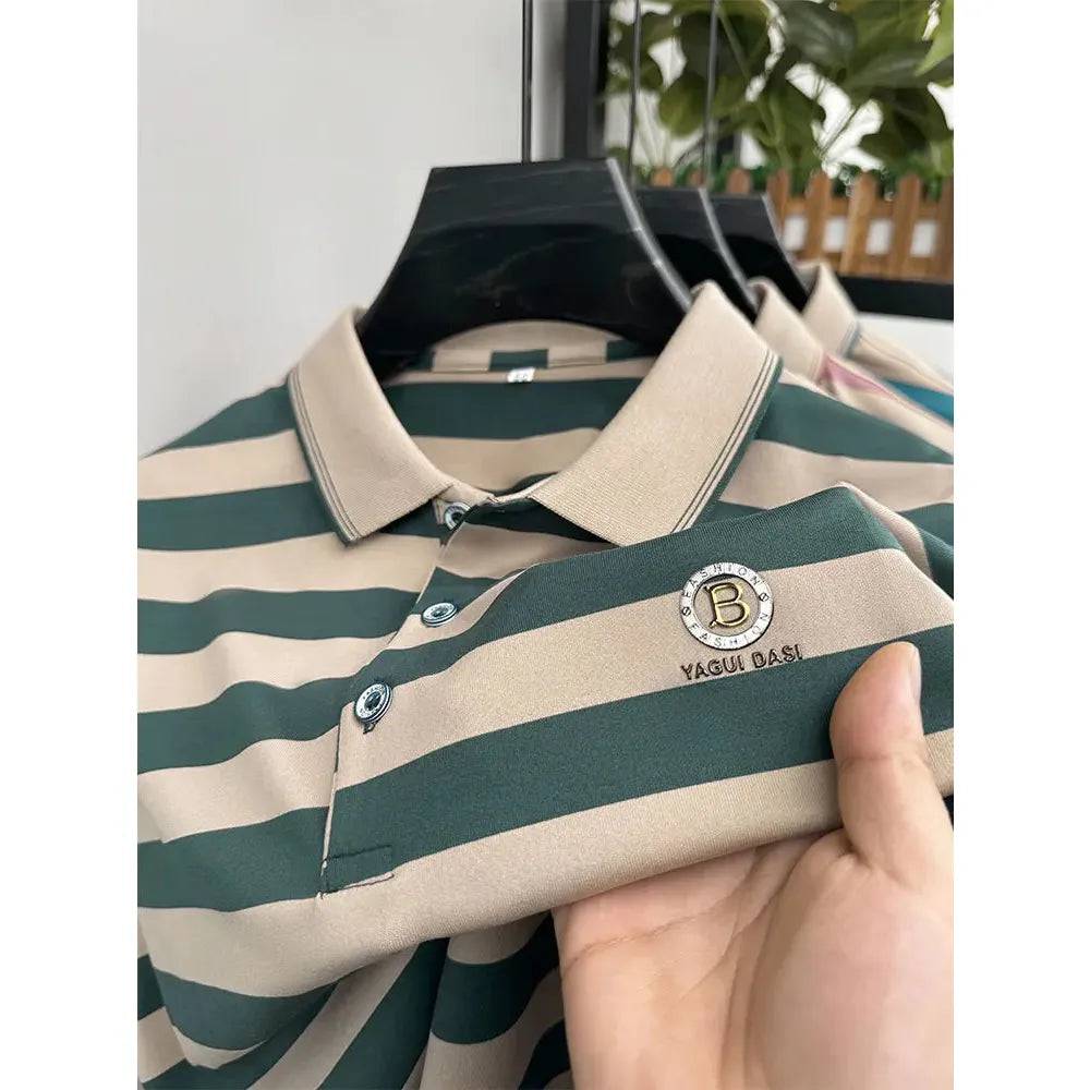 Men's Letter Printed Short Sleeved Striped Polo Shirt Business