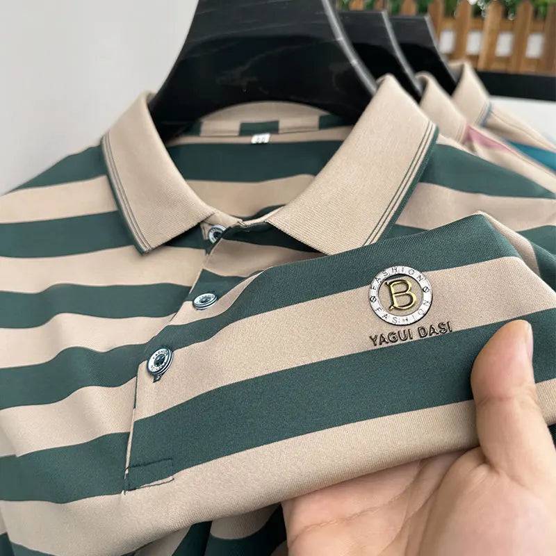 Men's Letter Printed Short Sleeved Striped Polo Shirt Business