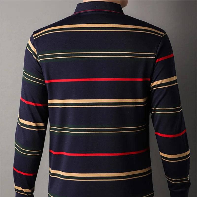 Men's Striped Long Sleeve Pockets Polo Shirt