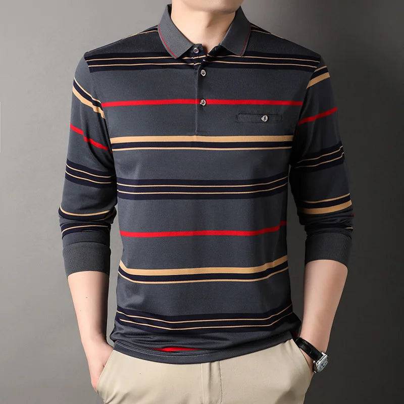 Men's Striped Long Sleeve Pockets Polo Shirt