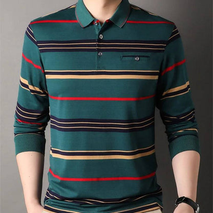 Men's Striped Long Sleeve Pockets Polo Shirt