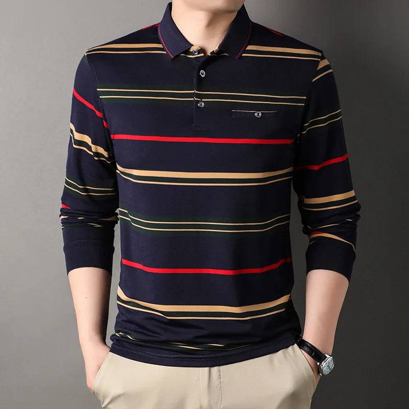 Men's Striped Long Sleeve Pockets Polo Shirt