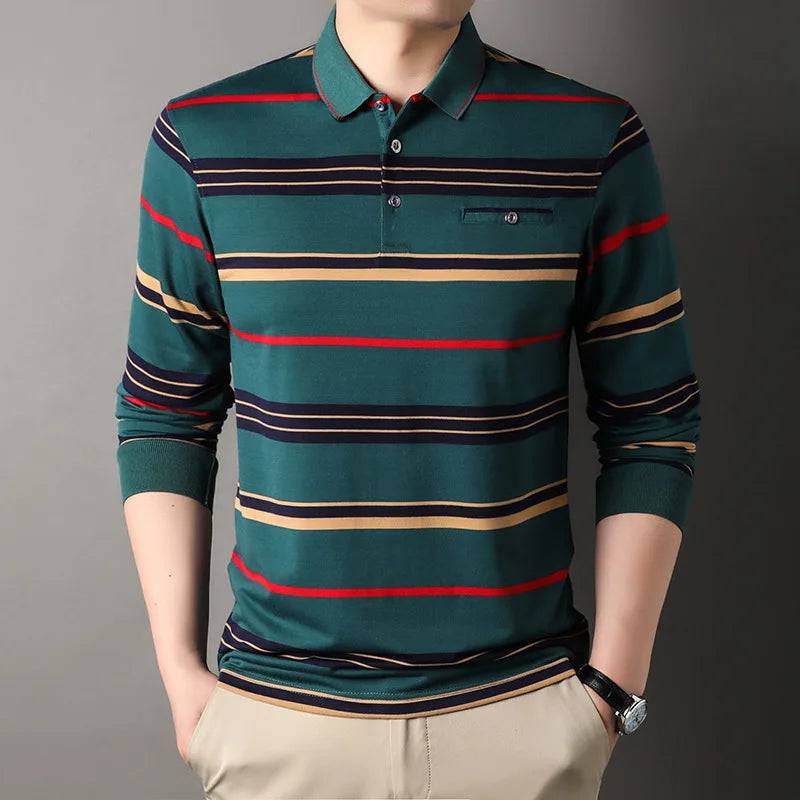 Men's Striped Long Sleeve Pockets Polo Shirt