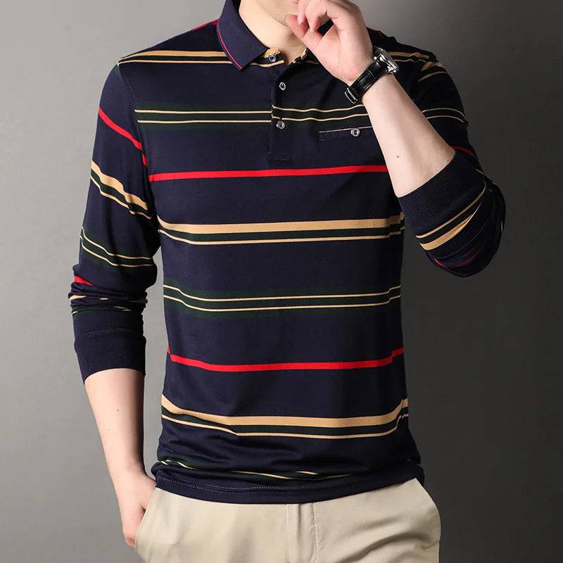 Men's Striped Long Sleeve Pockets Polo Shirt