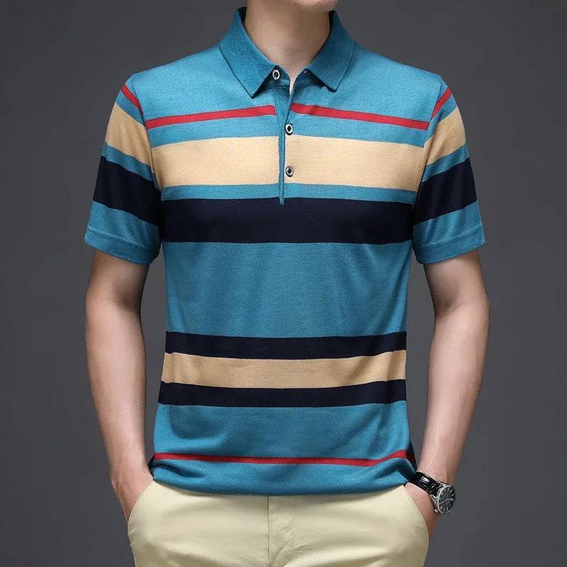 Men's Knitted Stripe Short Sleeved POLO Shirt