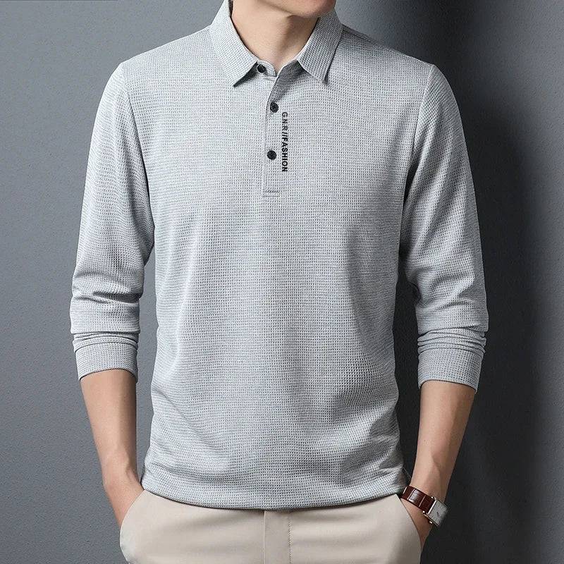 Men's Waffle Long Sleeved Polo shirt with Letter Printed Lapel