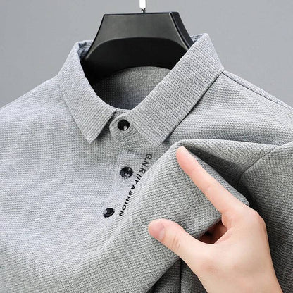 Men's Waffle Long Sleeved Polo shirt with Letter Printed Lapel