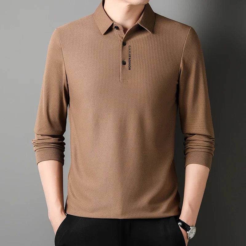 Men's Waffle Long Sleeved Polo shirt with Letter Printed Lapel