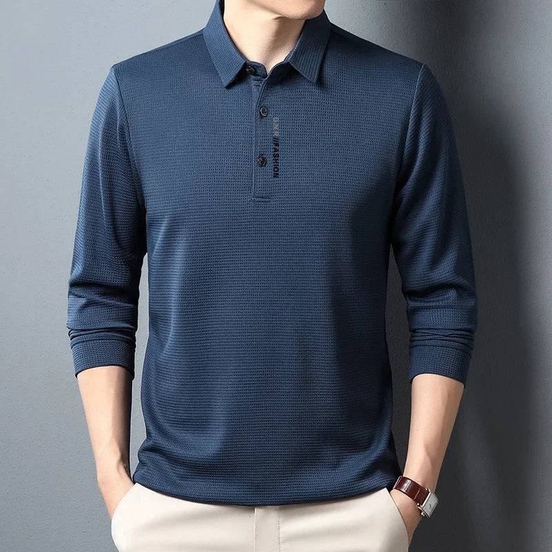 Men's Waffle Long Sleeved Polo shirt with Letter Printed Lapel