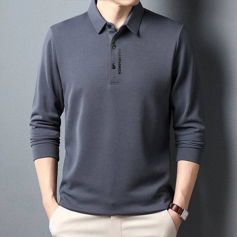 Men's Waffle Long Sleeved Polo shirt with Letter Printed Lapel