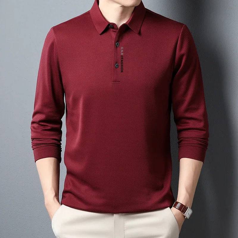 Men's Waffle Long Sleeved Polo shirt with Letter Printed Lapel