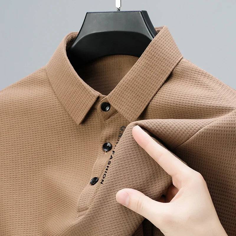 Men's Waffle Long Sleeved Polo shirt with Letter Printed Lapel