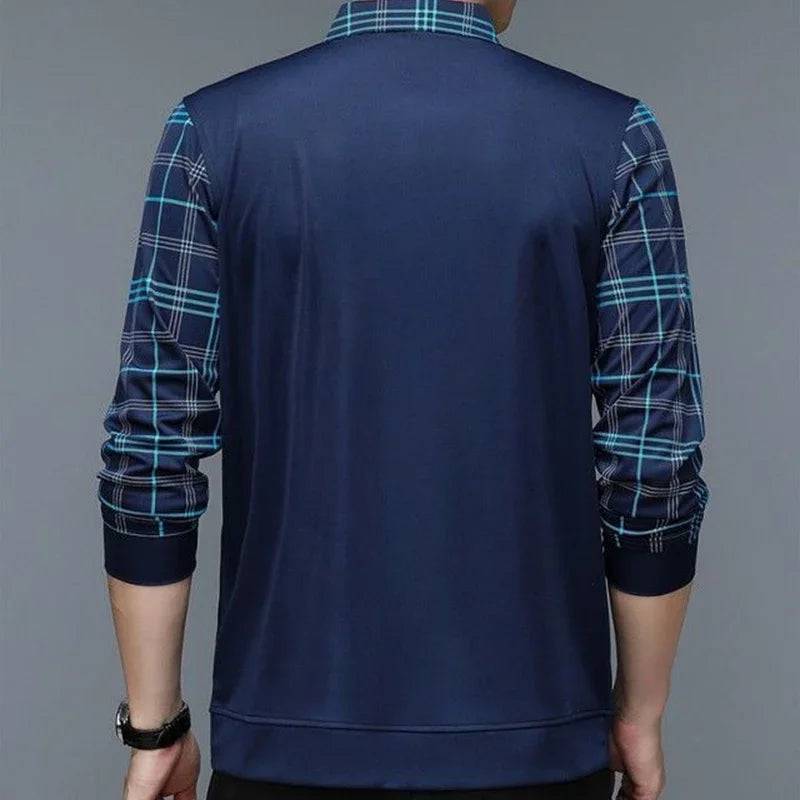 Long Sleeve Polo Shirt Turn-down Collar Loose Solid Plaid