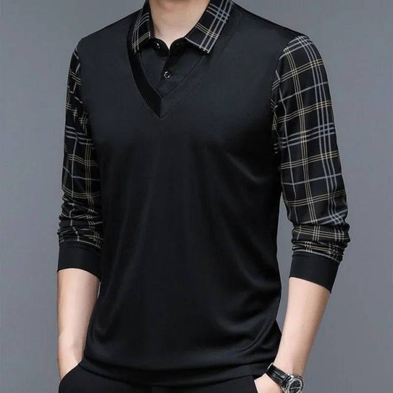 Long Sleeve Polo Shirt Turn-down Collar Loose Solid Plaid