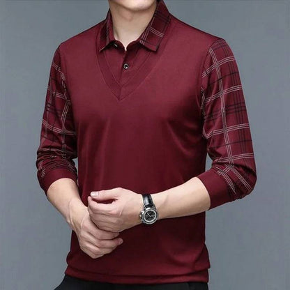 Long Sleeve Polo Shirt Turn-down Collar Loose Solid Plaid