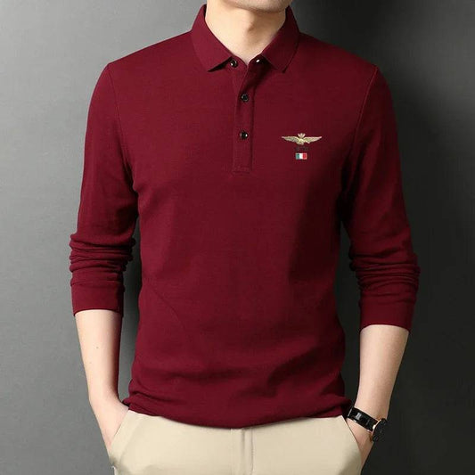 Men's Casual Embroidery Long Sleeve Polo Shirt Solid Color Top