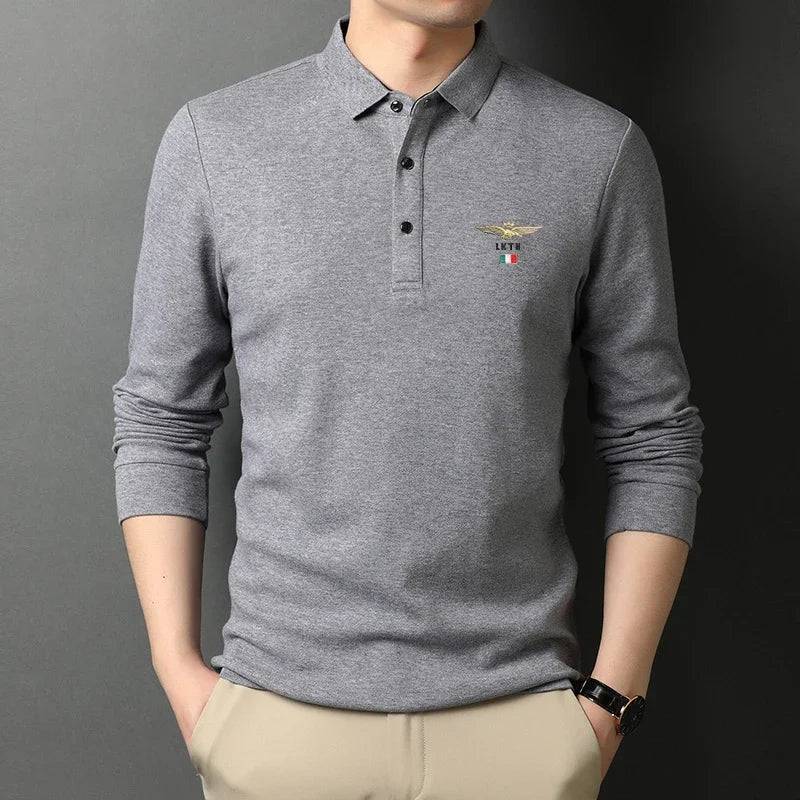 Men's Casual Embroidery Long Sleeve Polo Shirt Solid Color Top