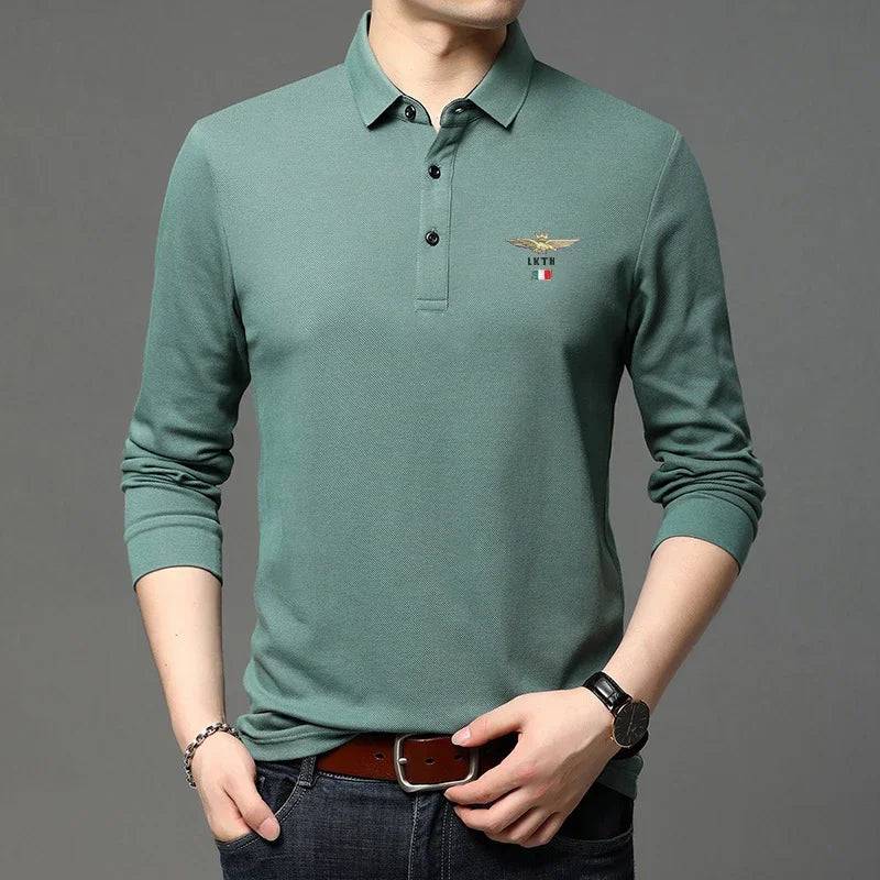 Men's Casual Embroidery Long Sleeve Polo Shirt Solid Color Top