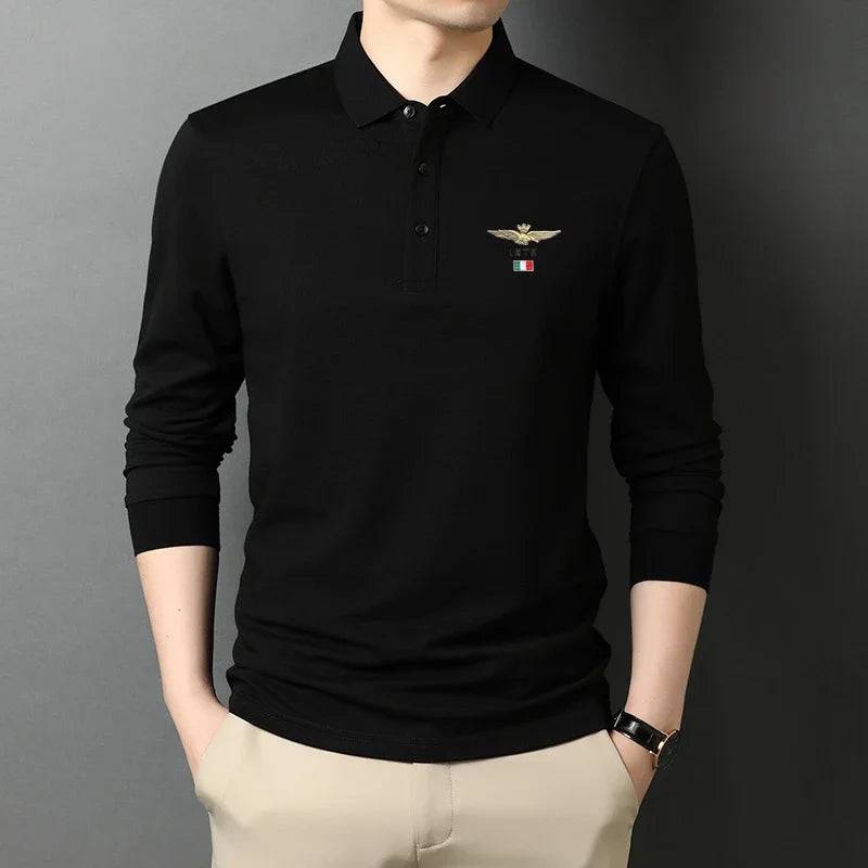 Men's Casual Embroidery Long Sleeve Polo Shirt Solid Color Top