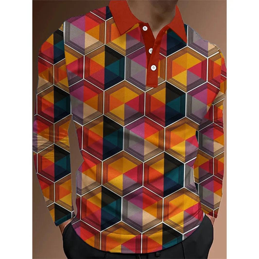 Men's Polo Shirt 3D Optical Long Sleeve Shirts