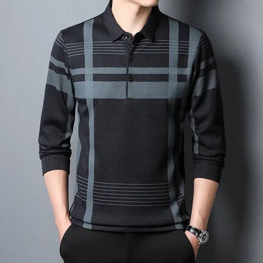 Men Long Sleeve Polo Shirt Turn-Down Collar Plaid