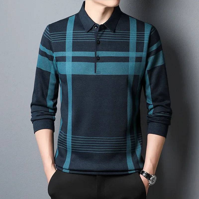 Men Long Sleeve Polo Shirt Turn-Down Collar Plaid