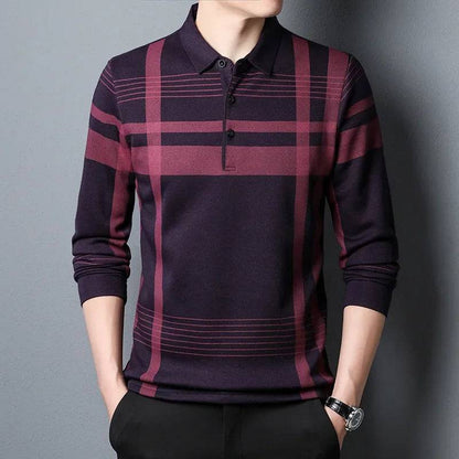 Men Long Sleeve Polo Shirt Turn-Down Collar Plaid