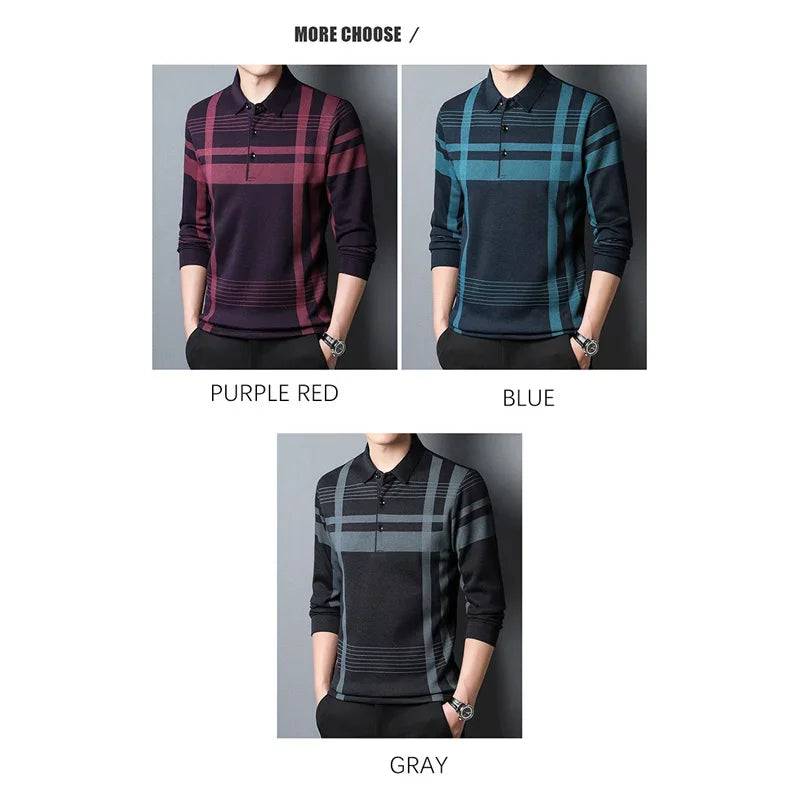 Men Long Sleeve Polo Shirt Turn-Down Collar Plaid