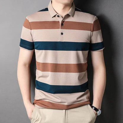 Cotton  Striped Polo Short Sleeve Shirt Men