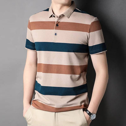 Cotton  Striped Polo Short Sleeve Shirt Men