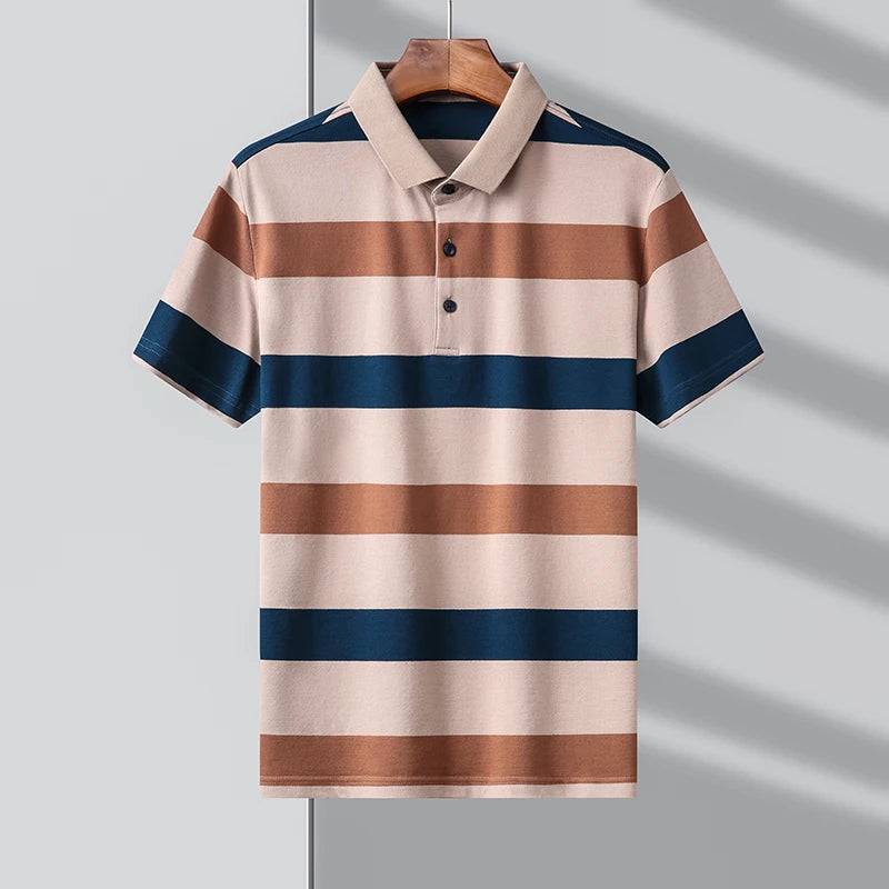 Cotton  Striped Polo Short Sleeve Shirt Men