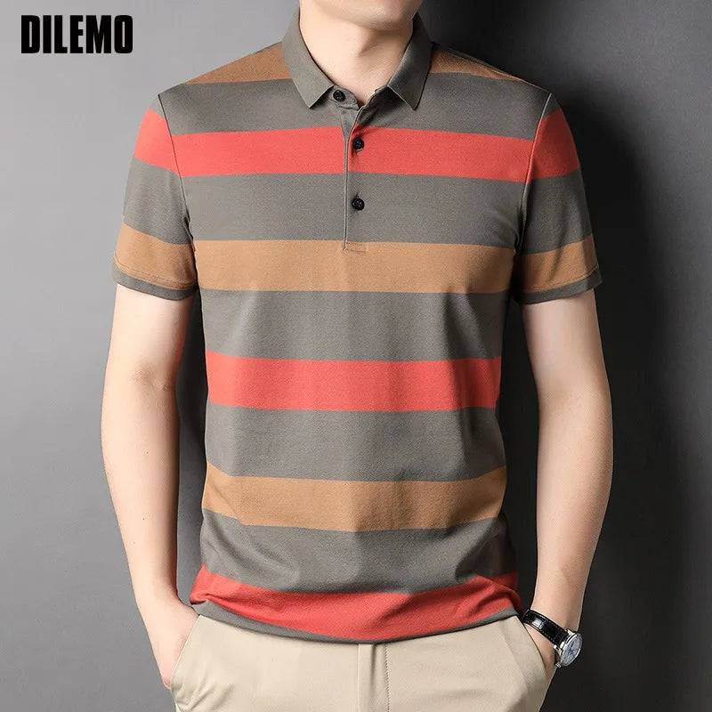 Cotton  Striped Polo Short Sleeve Shirt Men