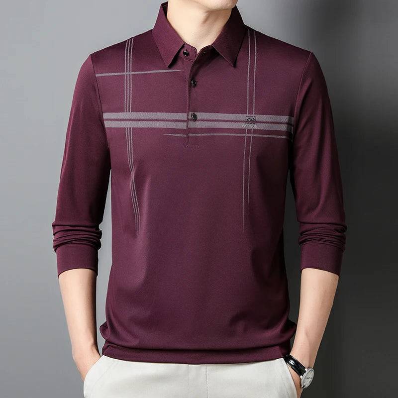 Men's Business Stripe Printed Long Sleeve Polo Shirt