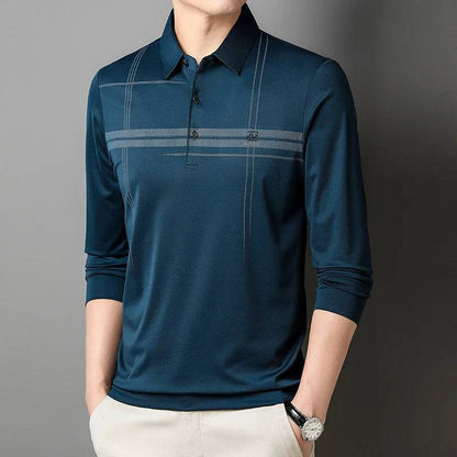 Men's Business Stripe Printed Long Sleeve Polo Shirt