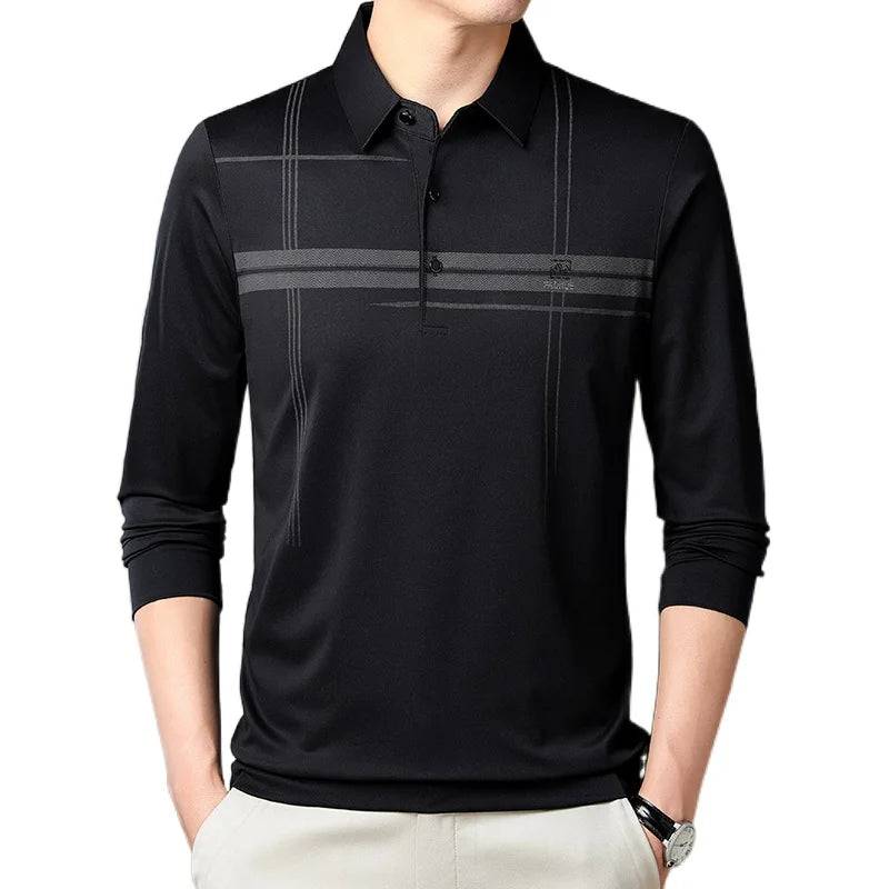 Men's Business Stripe Printed Long Sleeve Polo Shirt