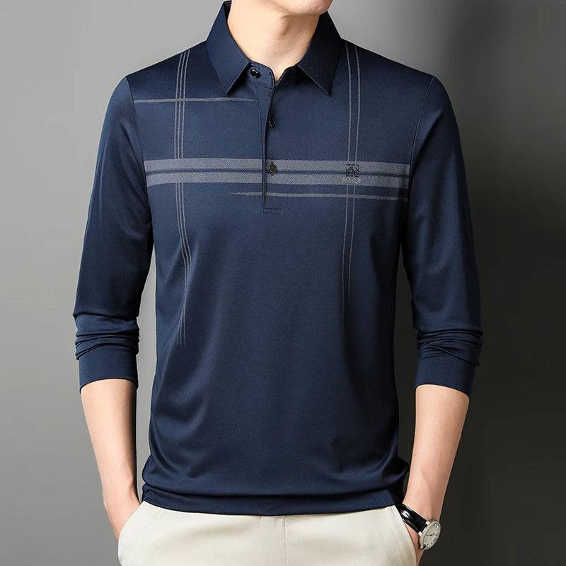 Men's Business Stripe Printed Long Sleeve Polo Shirt