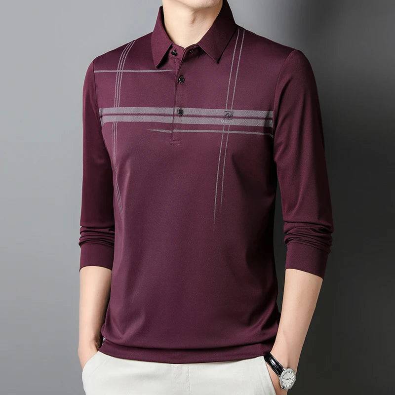 Men's Business Stripe Printed Long Sleeve Polo Shirt