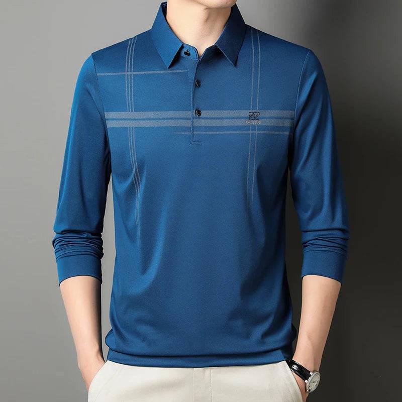 Men's Business Stripe Printed Long Sleeve Polo Shirt