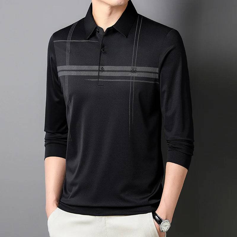 Men's Business Stripe Printed Long Sleeve Polo Shirt